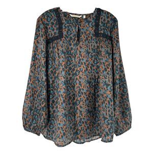 Soft Surroundings Gianna Copper Teal Animal Print Top Long Sleeve Size L Silky
